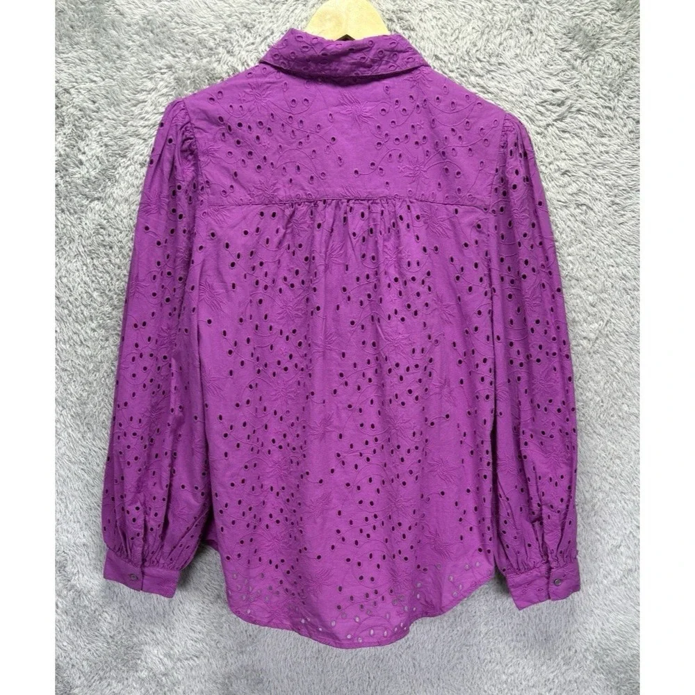 Sundance Purple Eyelet Floral Embroidery Puff Sleeve Button Down Shirt Camisole - Picture 6 of 15